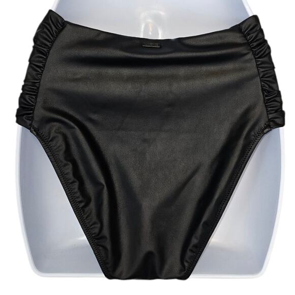 L'Agence Vanessa Faux Leather Bikini Bottom Black Ruched Sides Lined Small NEW - Picture 3 of 7